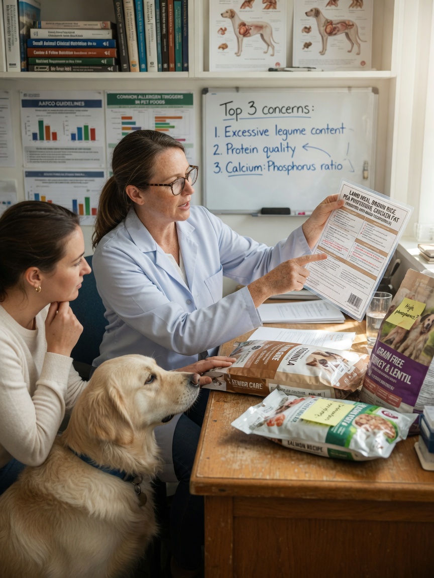 Veterinary nutritionist explaining dog food ingredient labels to owner with dog present in clinic setting