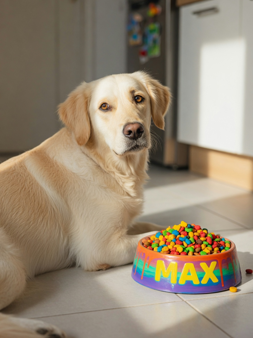 Golden retriever looking at brightly colored dog food in bowl, illustrating artificial dyes that appeal to humans but not dogs