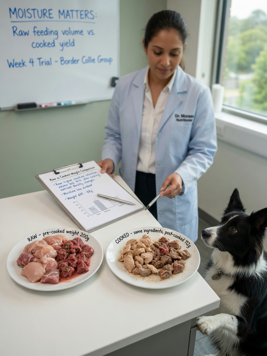 Vet demonstrating how raw ingredients reduce in volume after cooking compared to pre-cooked weight, with attentive border collie observing