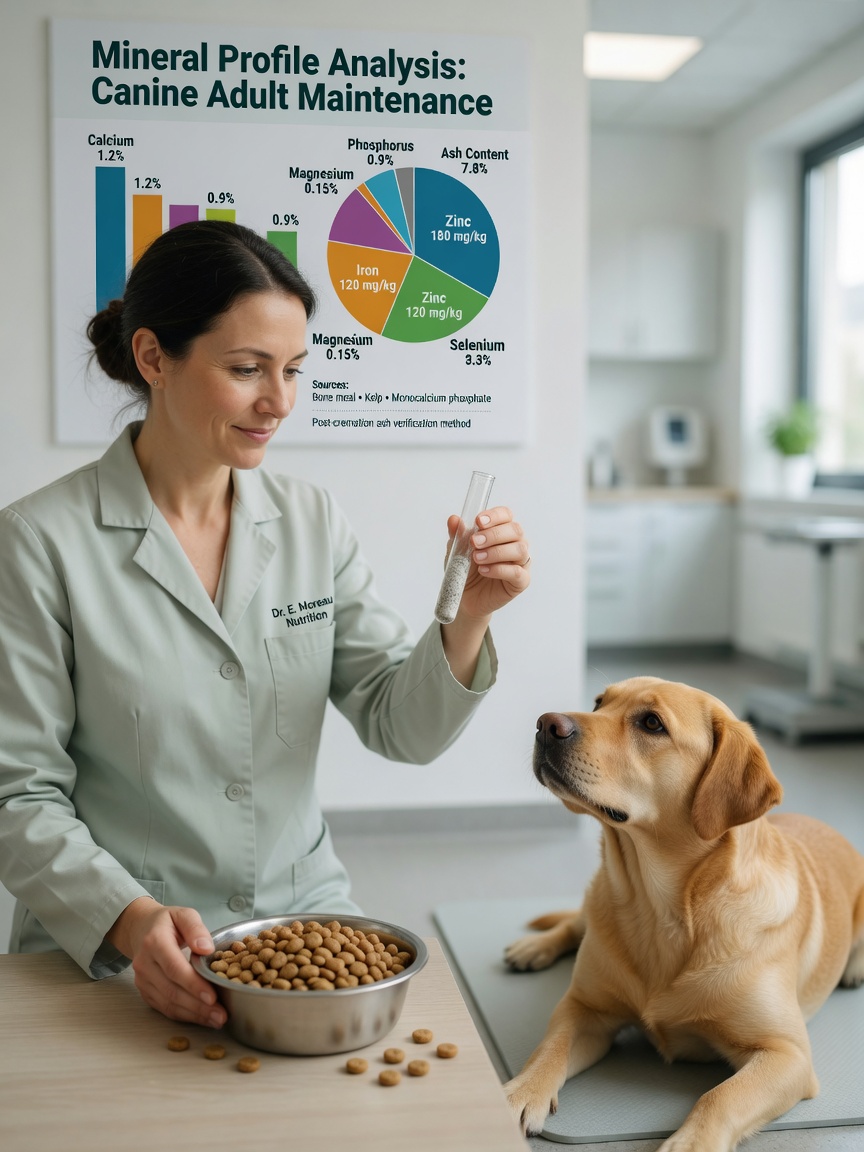 Vet holding mineral ash sample next to dog food bowl while golden Labrador watches from clinic floor