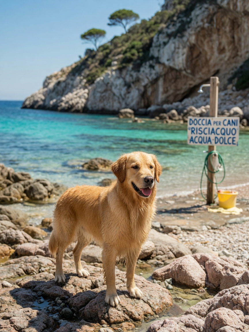 Dog standing on rocky Sardinian cove with turquoise Mediterranean water and coastal cliffs