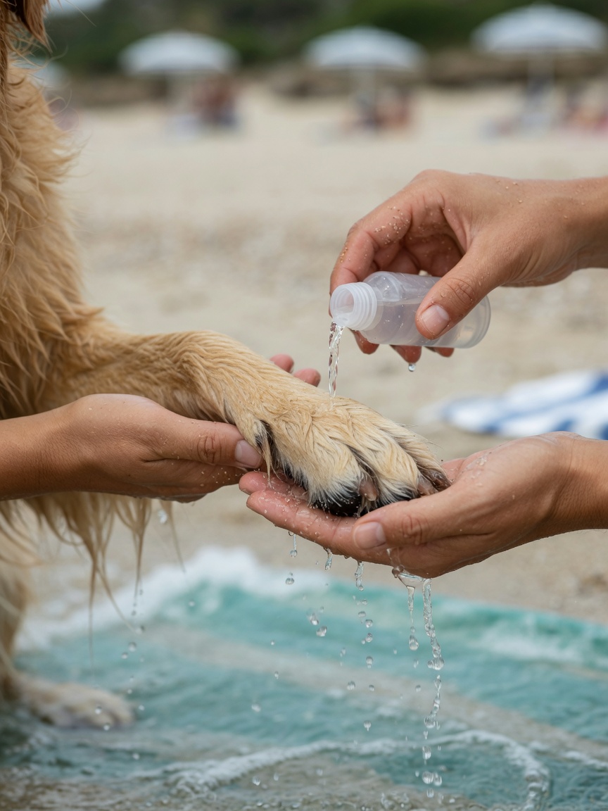 Dog's paw being rinsed with seawater as first aid for jellyfish sting on a European beach