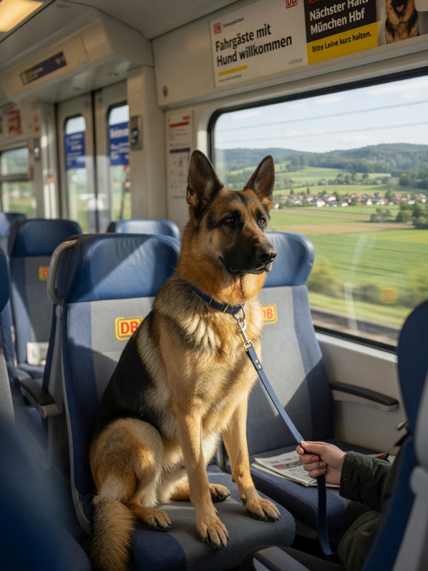 German Shepherd with black and tan coat sitting attentively inside a Deutsche Bahn train car with countryside visible through windows