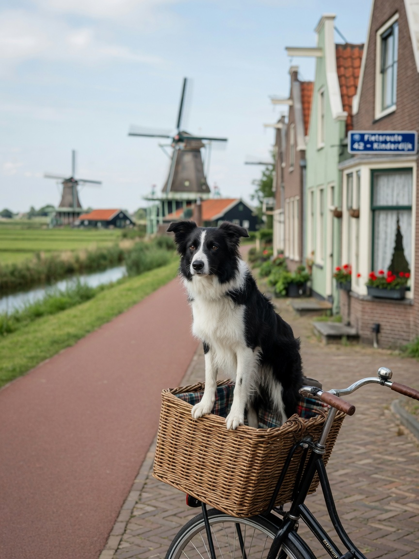 Black and white Border Collie sitting in a wicker cargo basket on a Dutch cargo bicycle on a flat cycle path