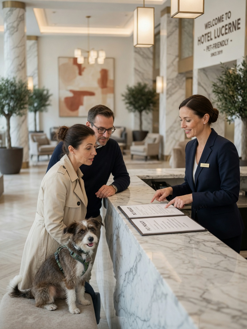 Gasten controleren huisdierpolicies met een hotelreceptionist in een modern Europees lobby met hun kleine hond aanwezig