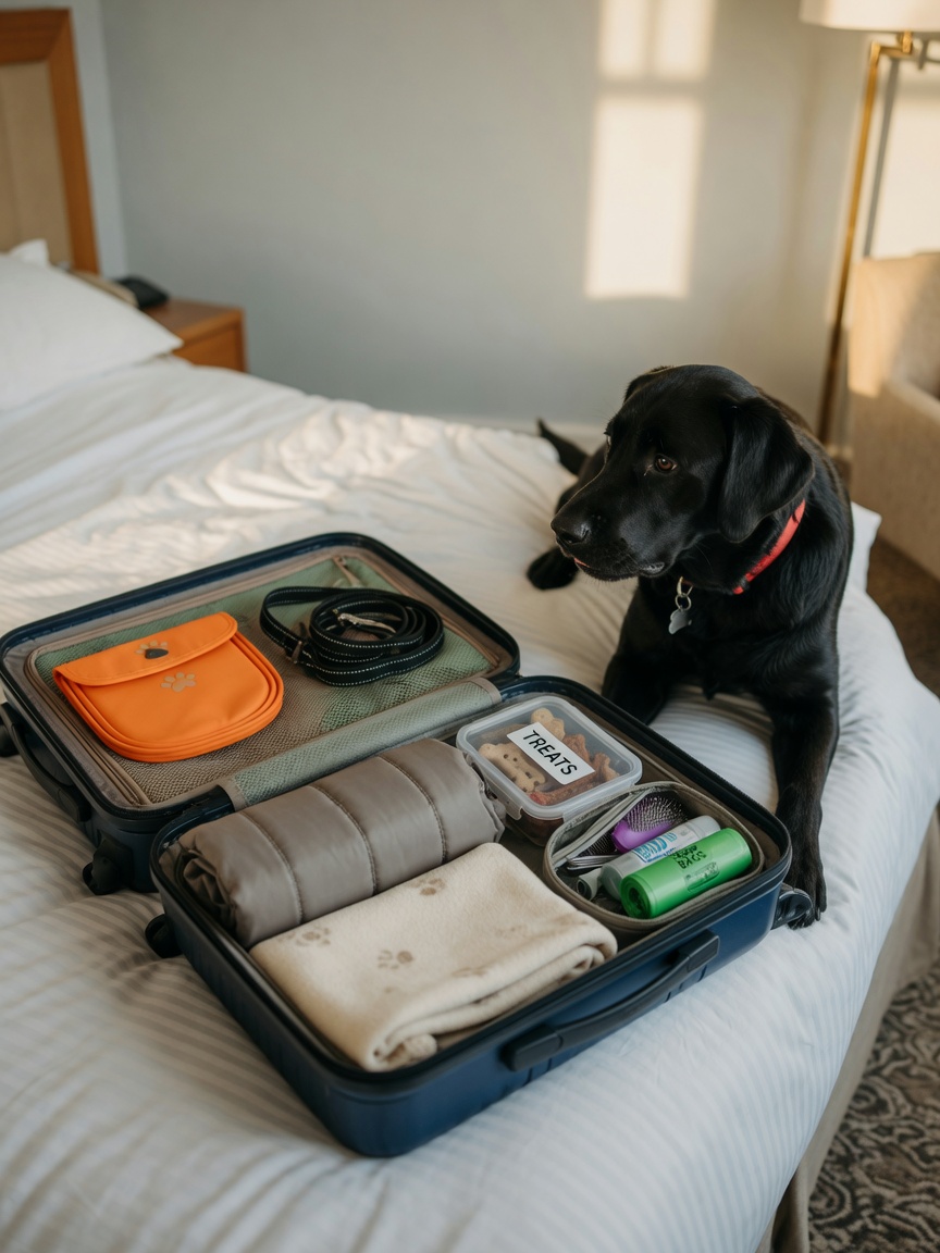Een georganiseerde open koffer met hondenreisessentiële items naast een nieuwsgierige zwarte Labrador op een hotelbed