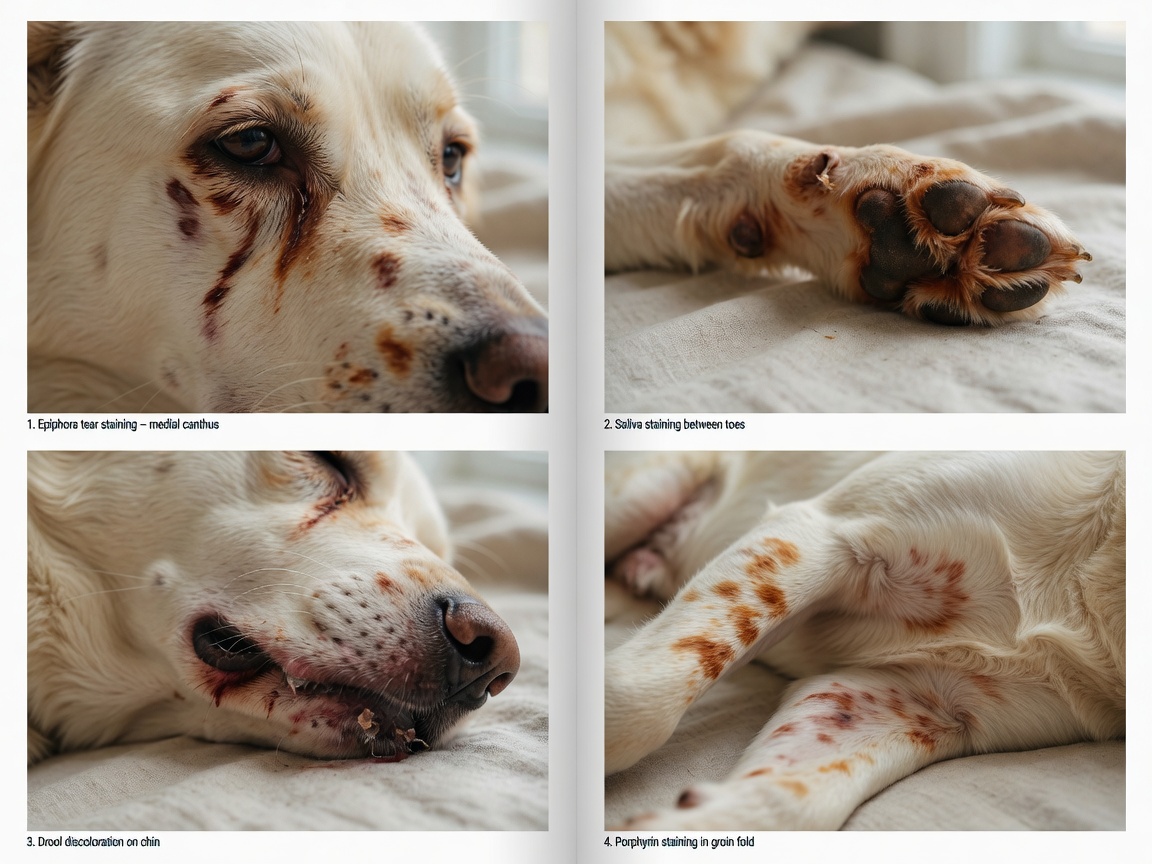 Four areas of a dog showing different types of porphyrin staining: tear streaks, paw staining, mouth staining, and groin staining