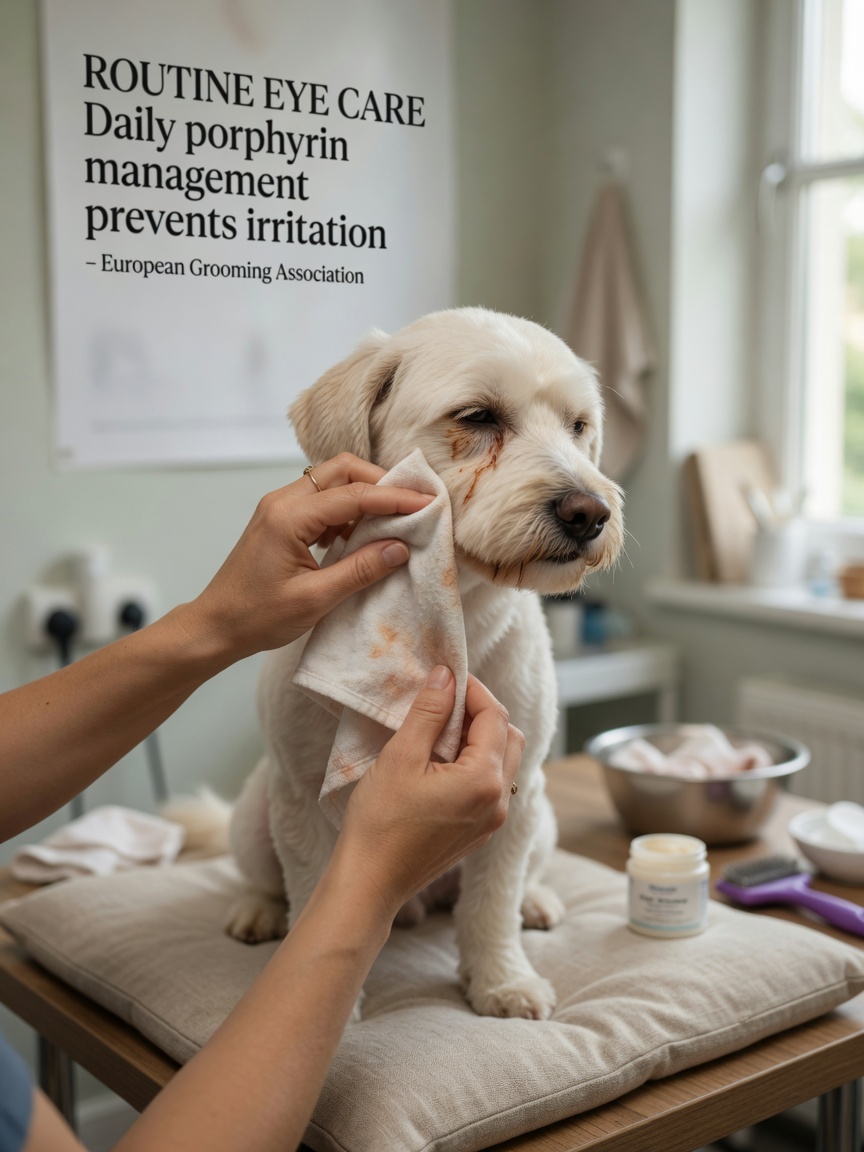 Owner gently cleaning a dog's face with a damp cloth to remove porphyrin tear staining
