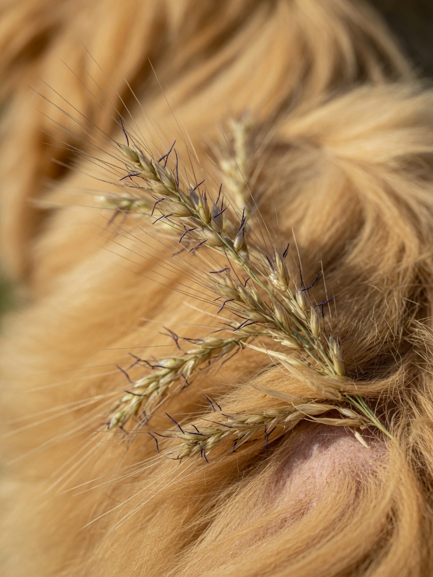 Macro close-up of foxtail barley grass seeds with barbed awns gripping dog fur