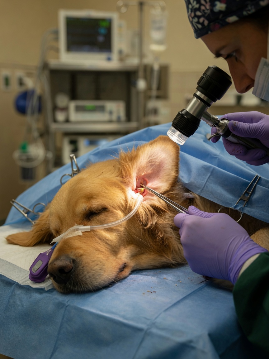 Veterinarian using otoscope to examine a sedated dog's ear for grass seed removal