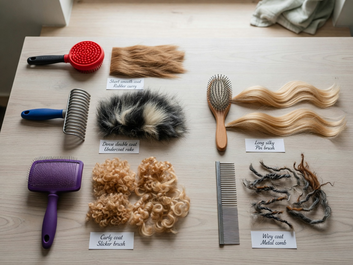 Different grooming brushes and combs displayed with samples of various dog coat types