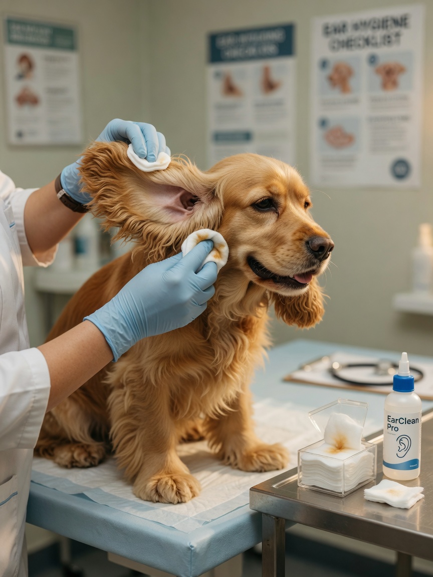 Veterinarian gently cleaning the ear of a Cocker Spaniel with cotton pad during home grooming