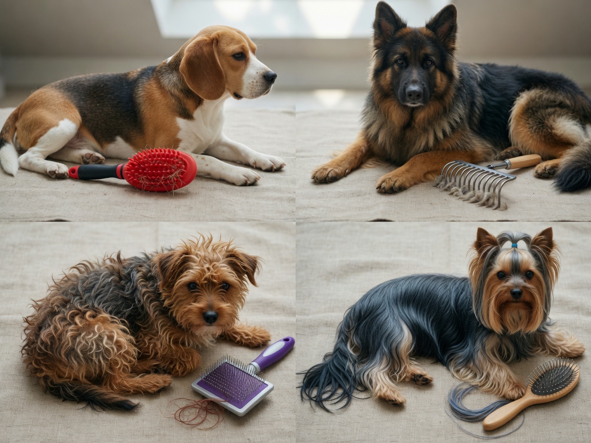 Four different dog coat types arranged for comparison showing short, double, wire, and silky coats with appropriate grooming tools