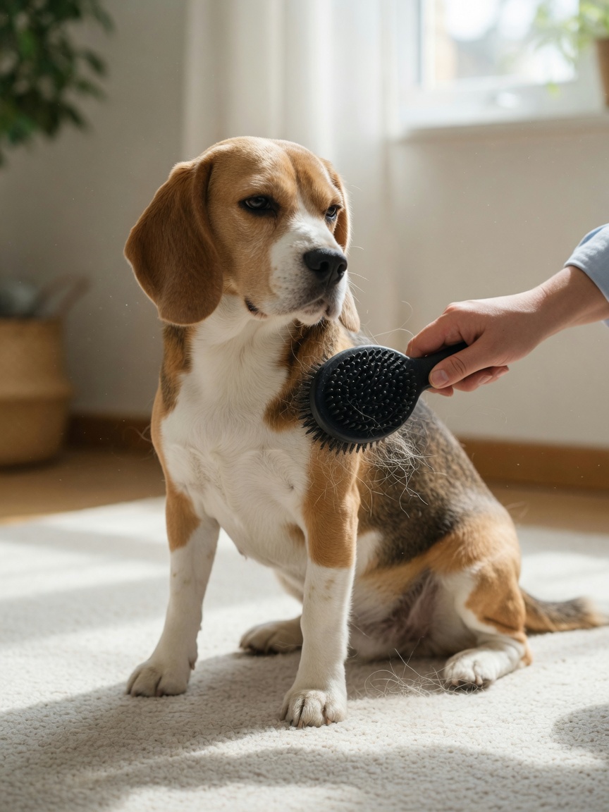 Beagle being groomed with a rubber curry brush to remove loose short-coat hair