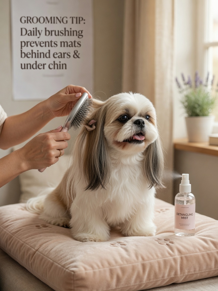 Shih Tzu receiving daily brushing with a pin brush to prevent matting in long coat