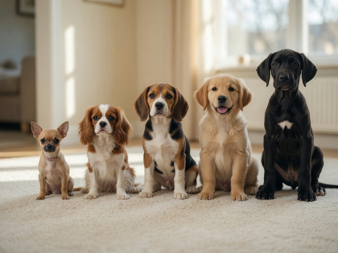 Five puppies of different breed sizes displayed together for growth comparison