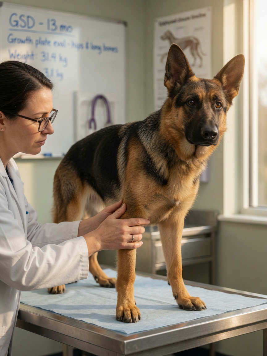 Veterinarian examining a young German Shepherd's legs to assess bone growth and skeletal maturity