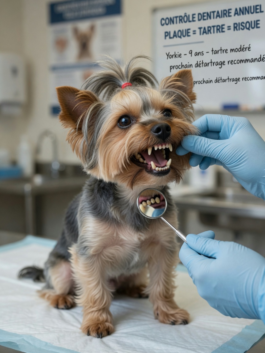 Veterinarian examining Yorkshire Terrier's teeth showing plaque and tartar buildup