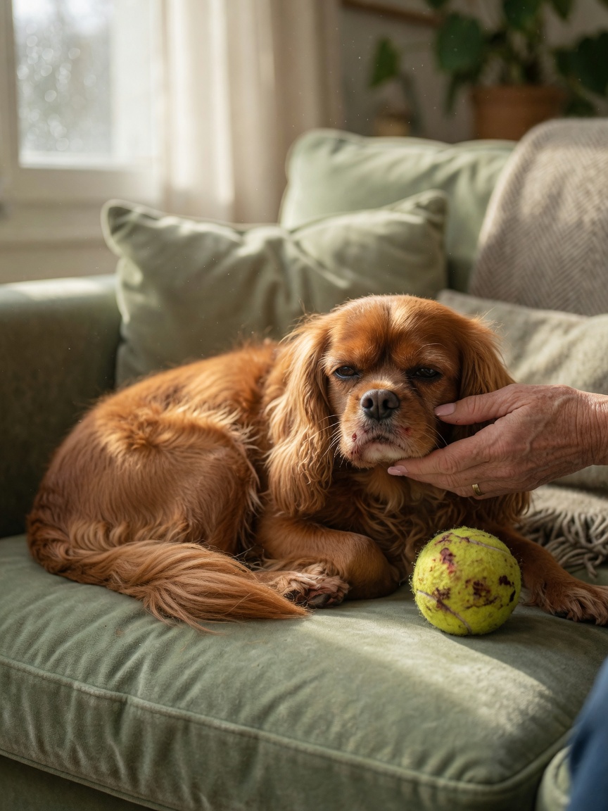 Elderly Cavalier King Charles Spaniel showing signs of dental disease distress at home