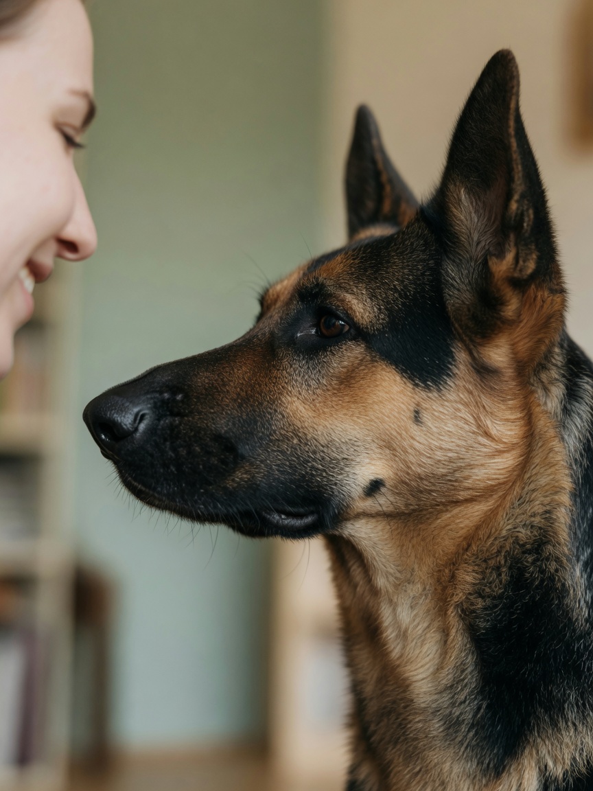 German Shepherd profile showing long muzzle and ear positioning affecting visual field