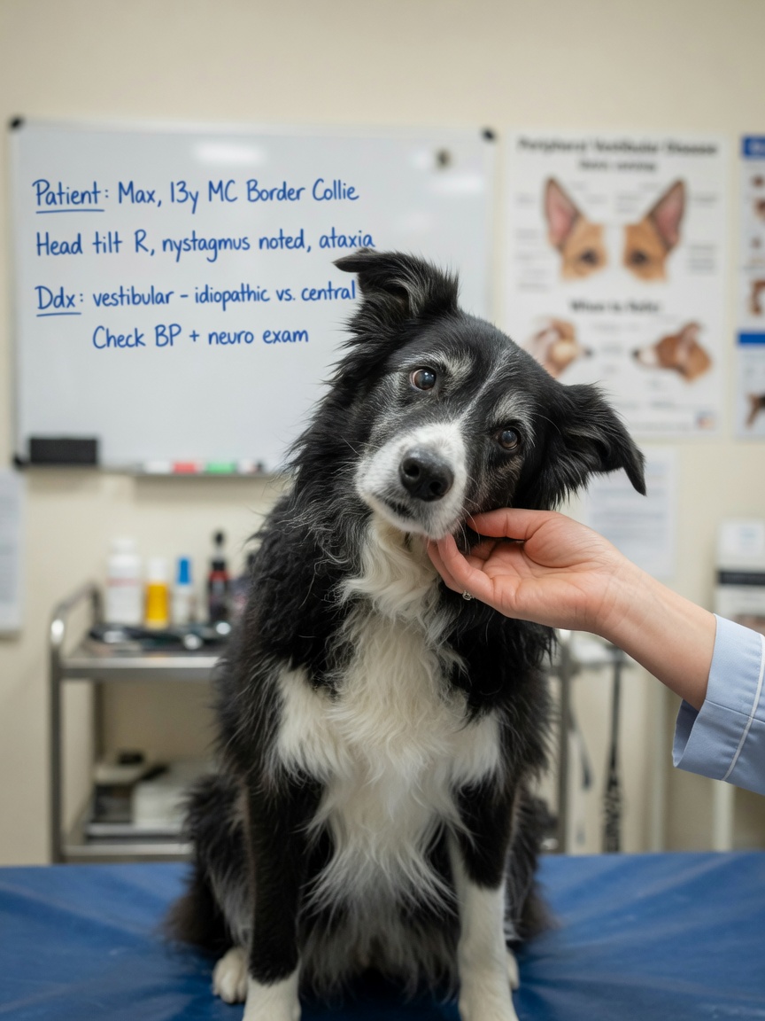 Senior Border Collie with persistent head tilt being examined by veterinarian
