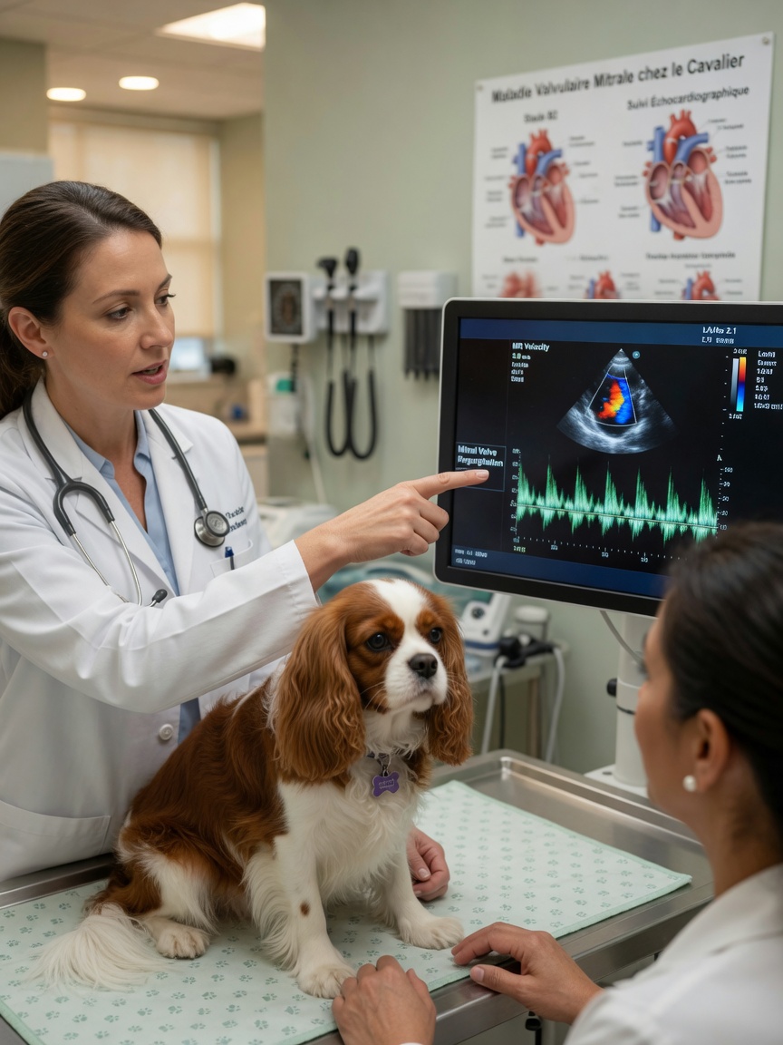 Veterinarian consulting about heart valve disease with a Cavalier King Charles Spaniel during echocardiogram review