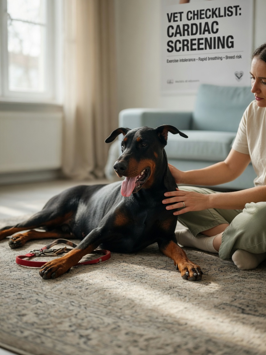 A Dobermann Pinscher showing exercise intolerance, resting tired on a living room floor beside concerned owner