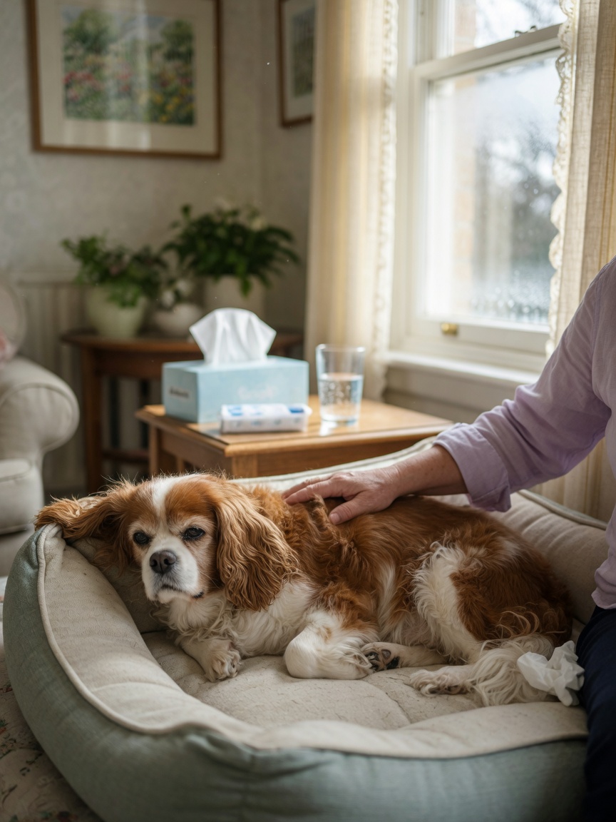 Tired Cavalier King Charles Spaniel resting on bed with owner's comforting hand, showing signs of fatigue