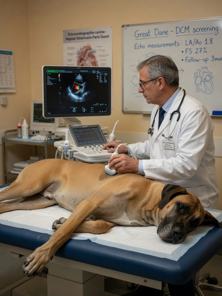 Veterinary cardiologist performing echocardiography ultrasound scan on large breed dog