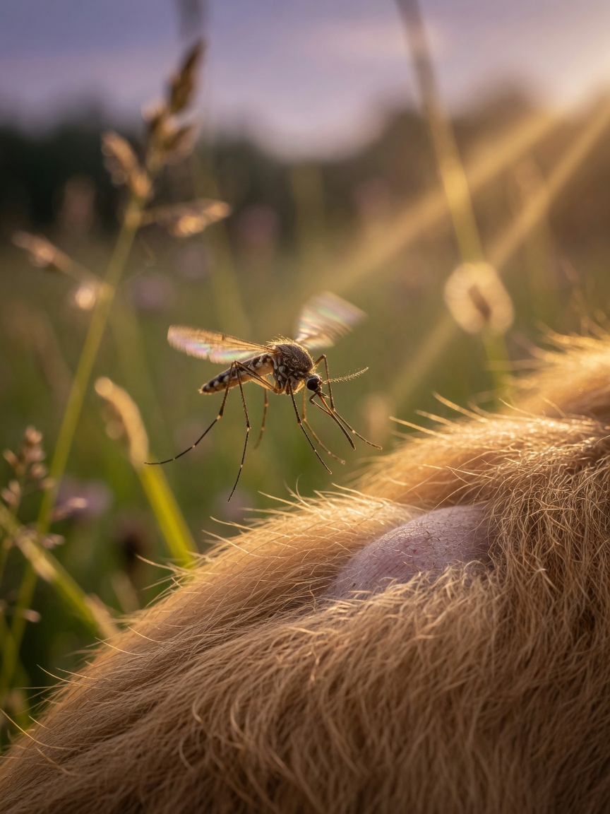 Macro close-up of a mosquito approaching a dog's fur during evening hours