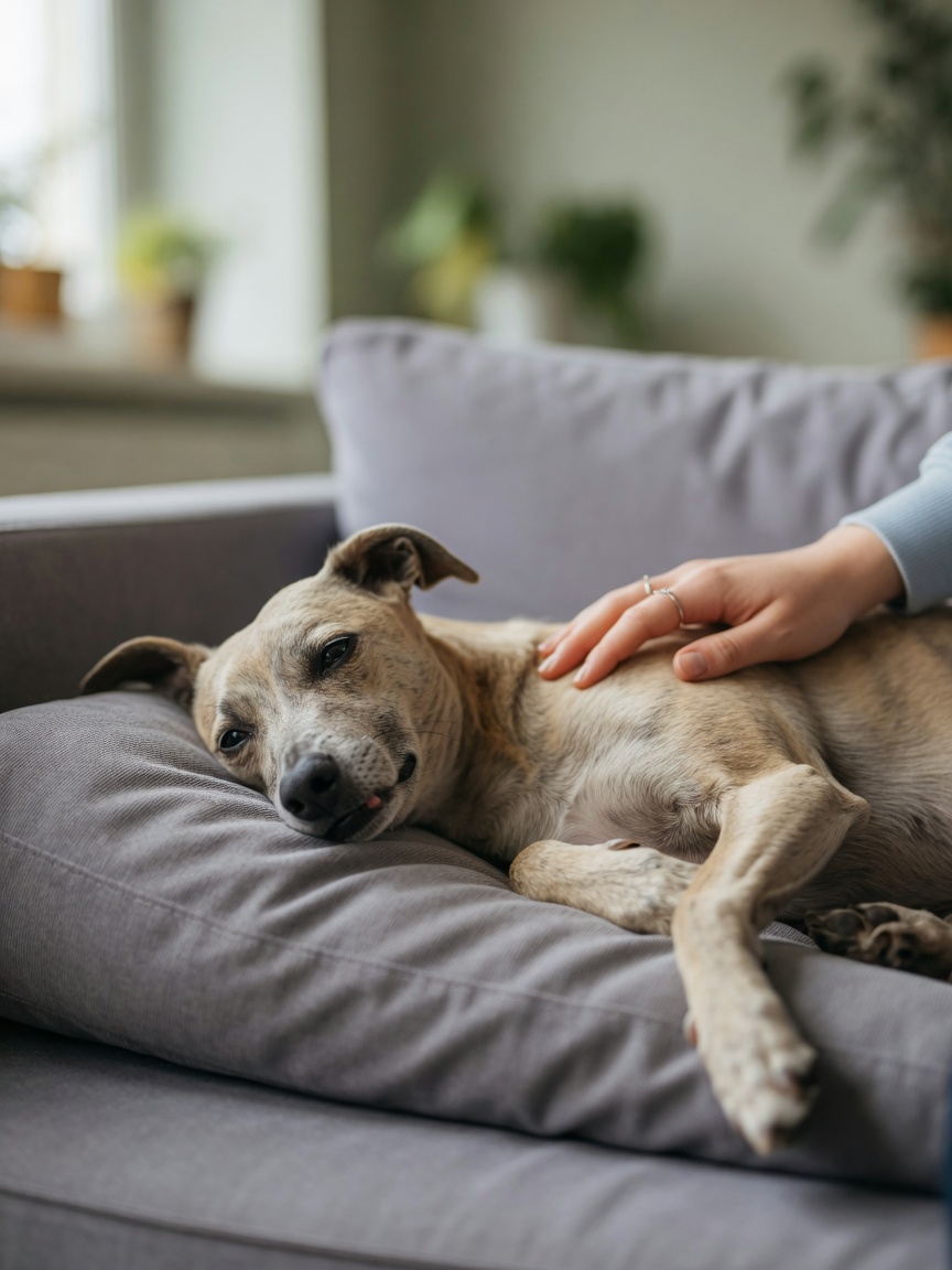 Fatigued dog resting on a cushion with owner's gentle hand on its back, showing signs of exercise intolerance