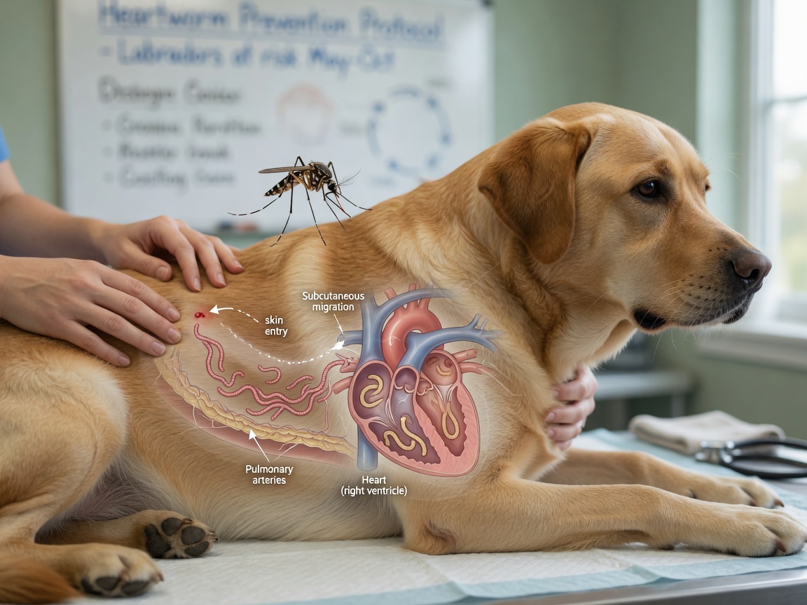 Illustratie van hartwortelziekte levenscyclus met muggen die het parasiet naar een hond overbrengen en het migratiepad naar het hart