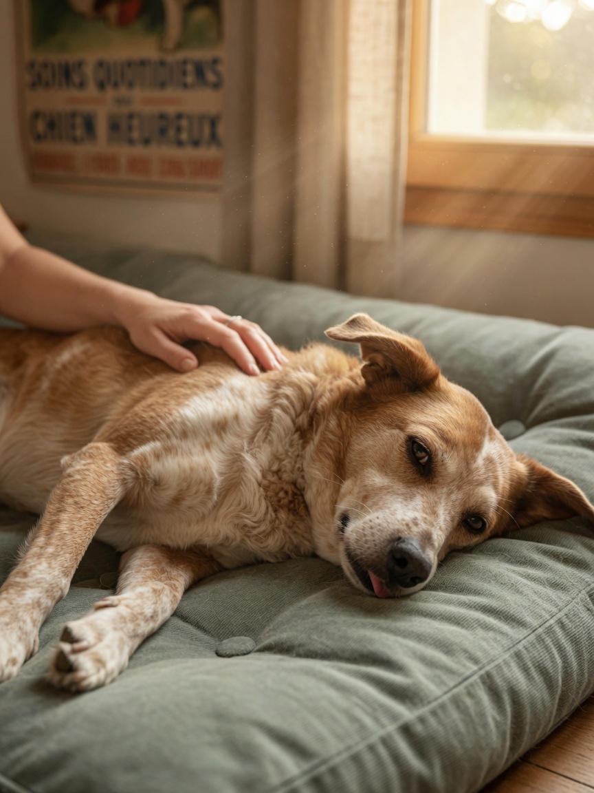 Een lusteloze hond met symptomen van hartwortelziekte inclusief vermoeidheid en verminderde activiteit, rustend binnenshuis met eigenaar-ondersteuning