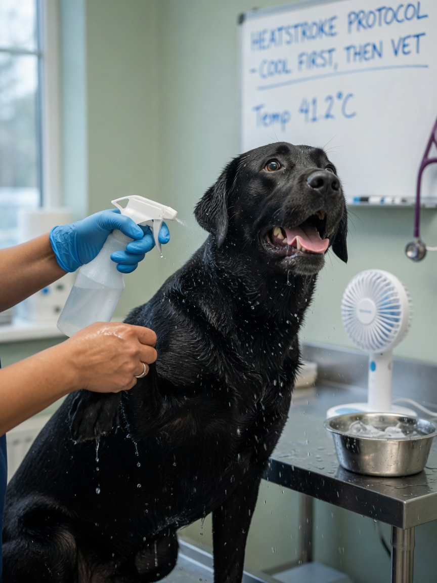 Veterinarian applying cool water to black Labrador's neck and underarms during heat stroke emergency treatment