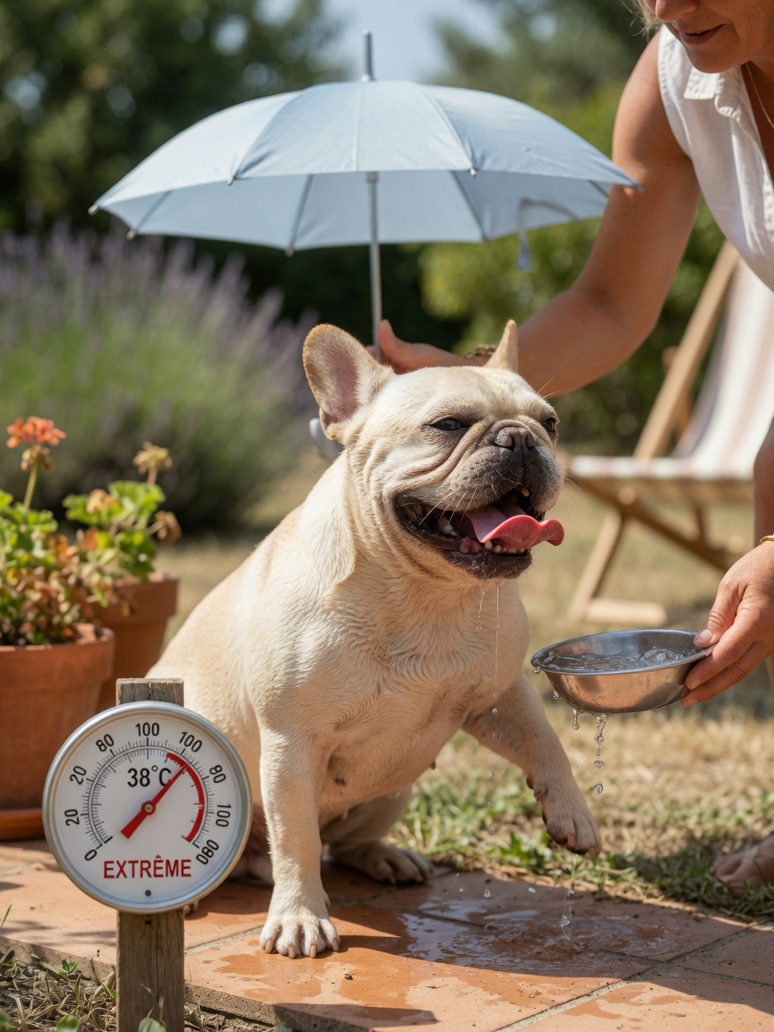 French Bulldog with flat face showing signs of heat stress in hot garden conditions