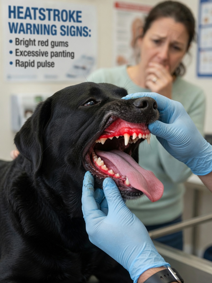 Veterinarian examining a dog's gums and mouth showing early heatstroke warning signs