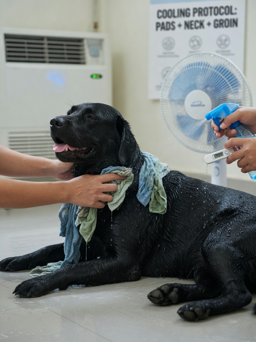 Owner performing emergency cooling on overheating black Labrador using wet cloths, spray bottle, and fan on tile floor