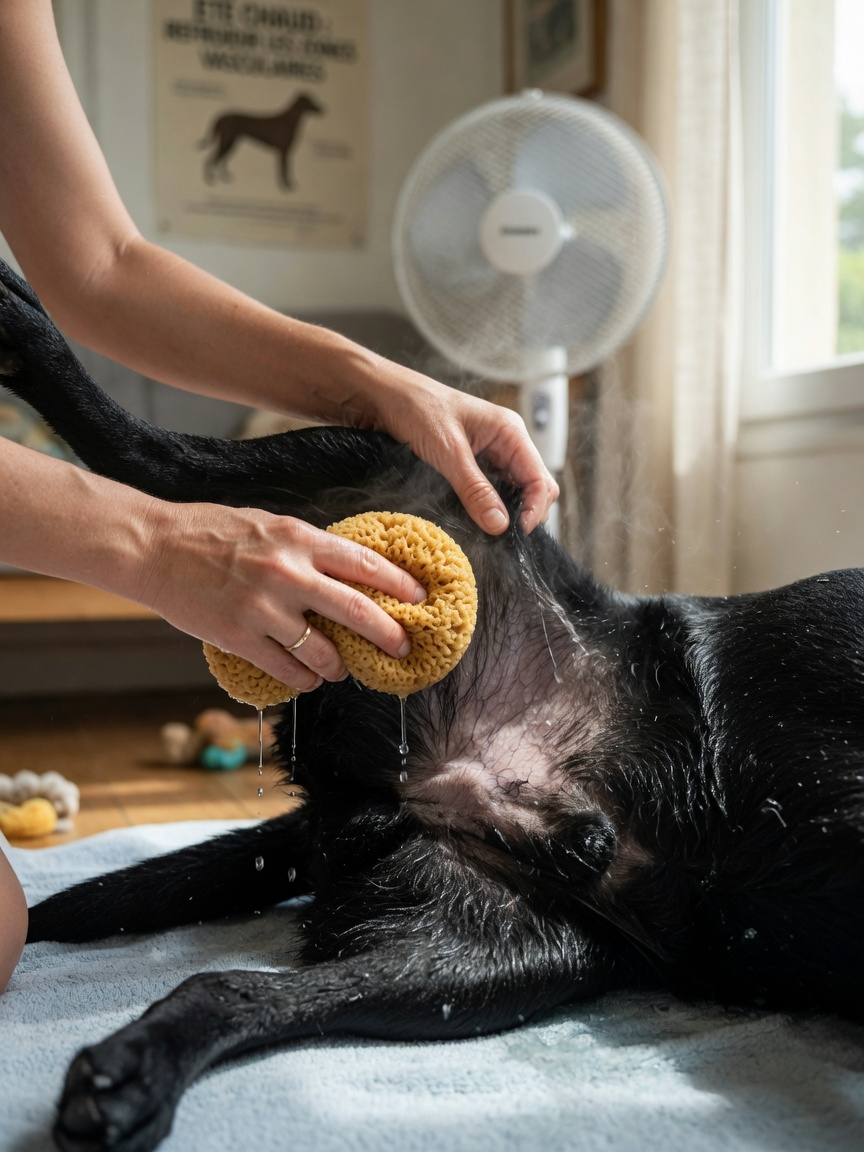 Mani che applicano acqua fredda all'inguine e all'interno della coscia del cane durante il protocollo di raffreddamento del colpo di calore