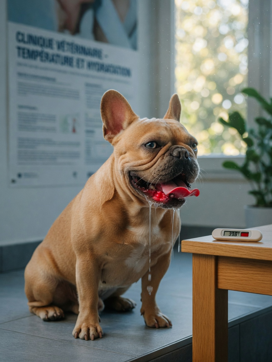 French bulldog displaying heatstroke symptoms including excessive drooling and dazed expression