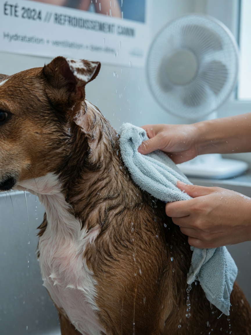 Owner administering first aid to overheated dog by applying cool water and wet towel to neck area