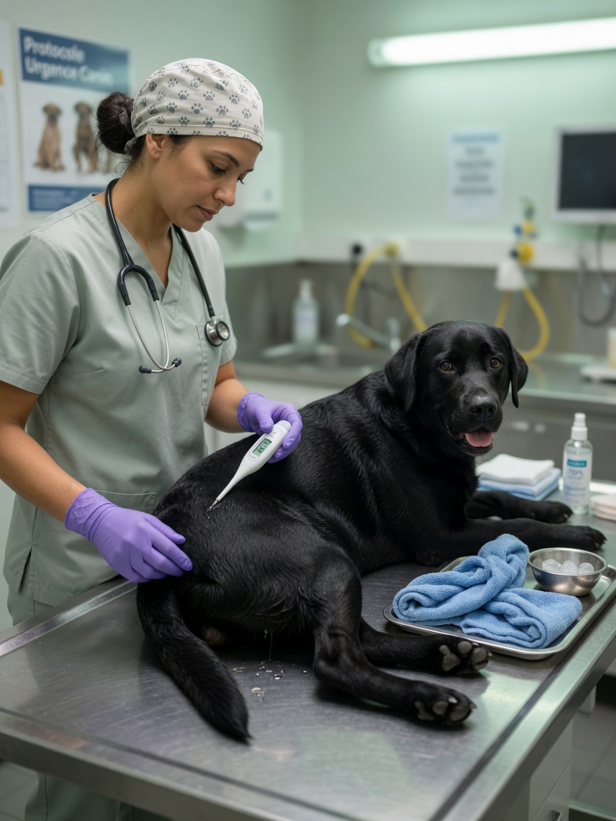 Veterinarian taking rectal temperature of black Labrador during emergency heatstroke treatment