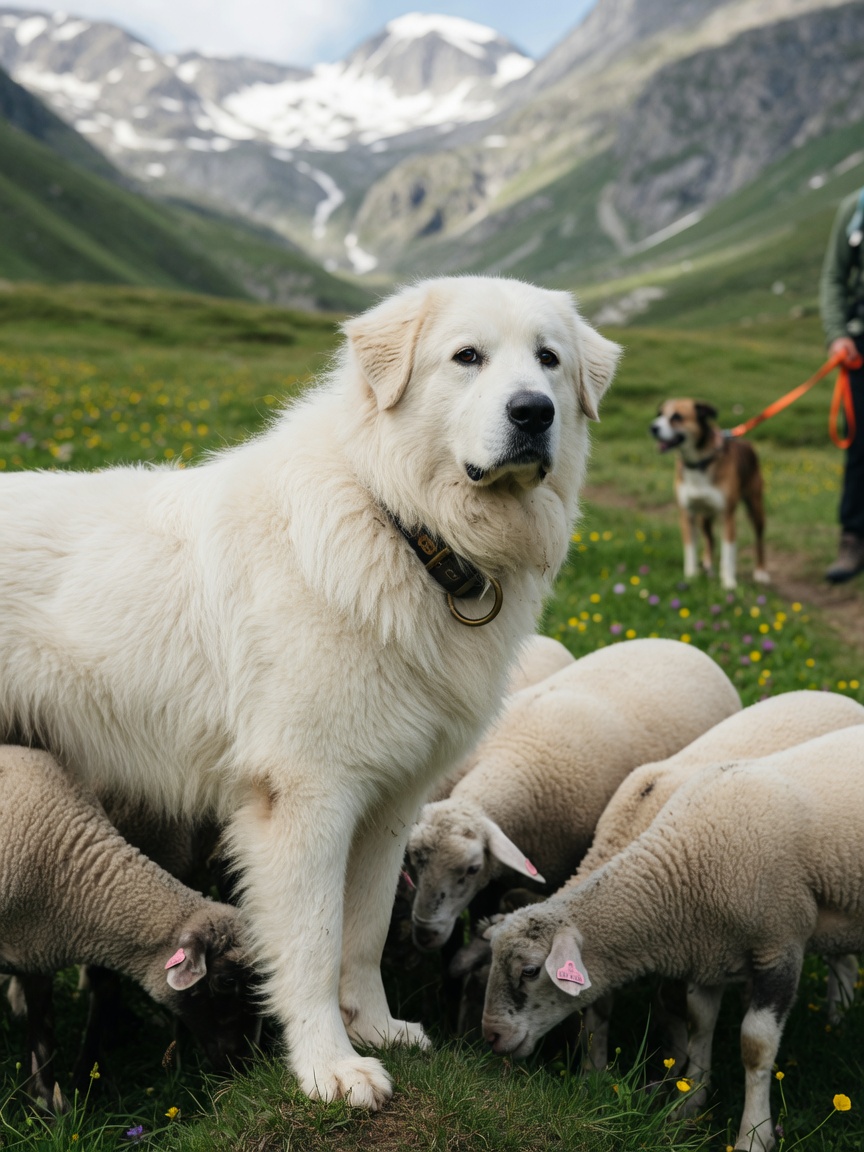 Pyrenean Mountain Dog guardian dog protecting sheep flock on Alpine meadow