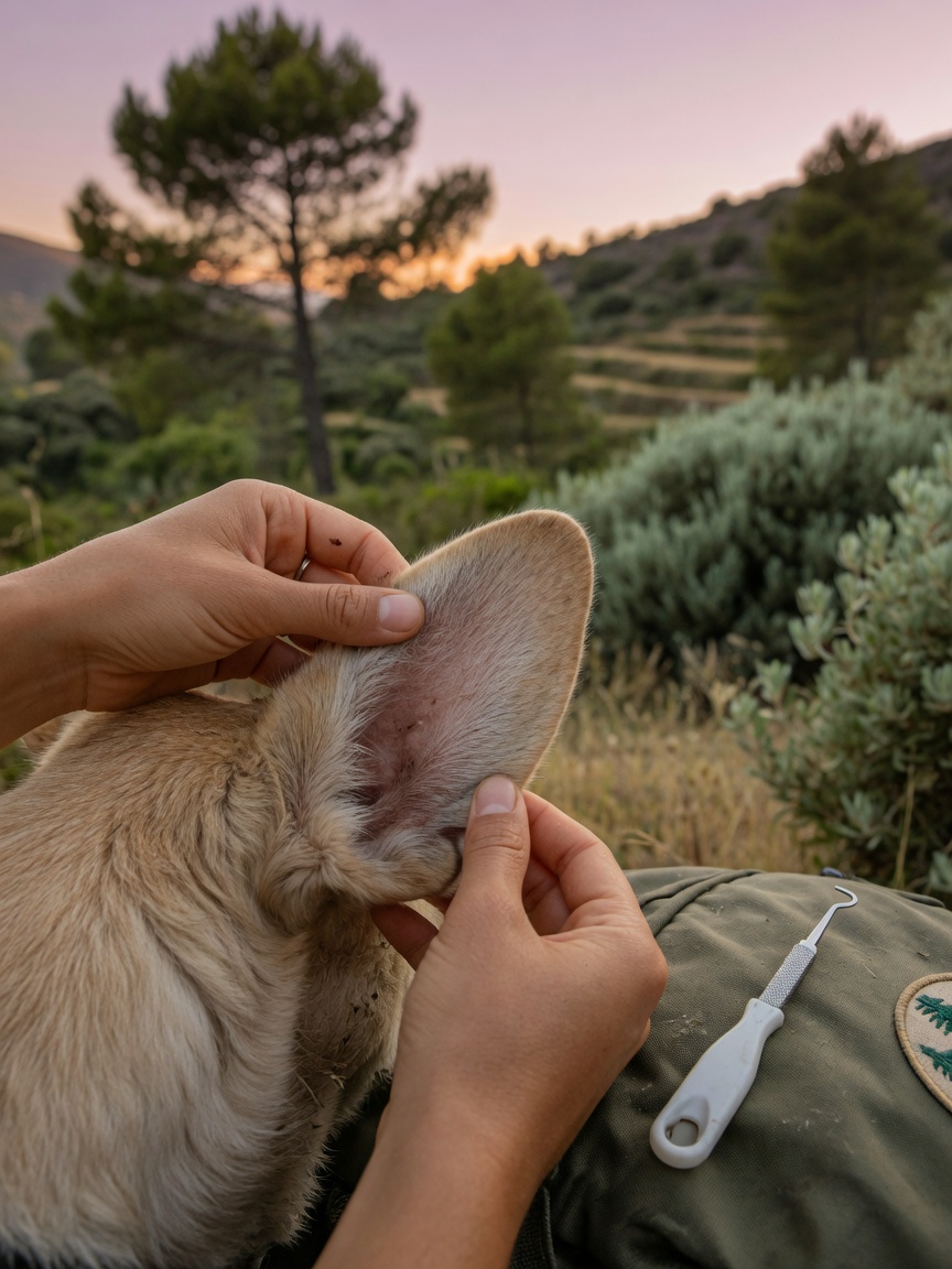 Dog owner checking dog's ear for ticks after Mediterranean hiking