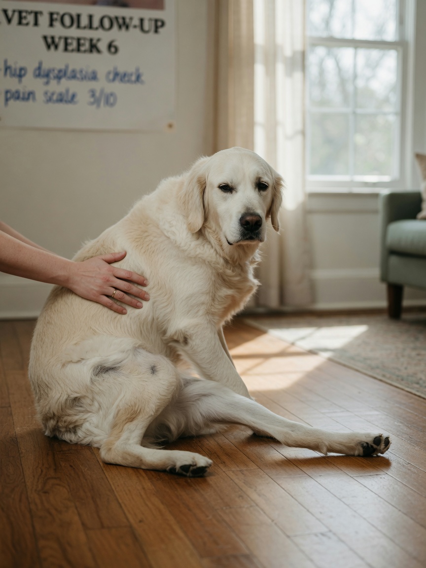 Golden Retriever sitting with abnormal posture, hind leg extended outward due to hip dysplasia