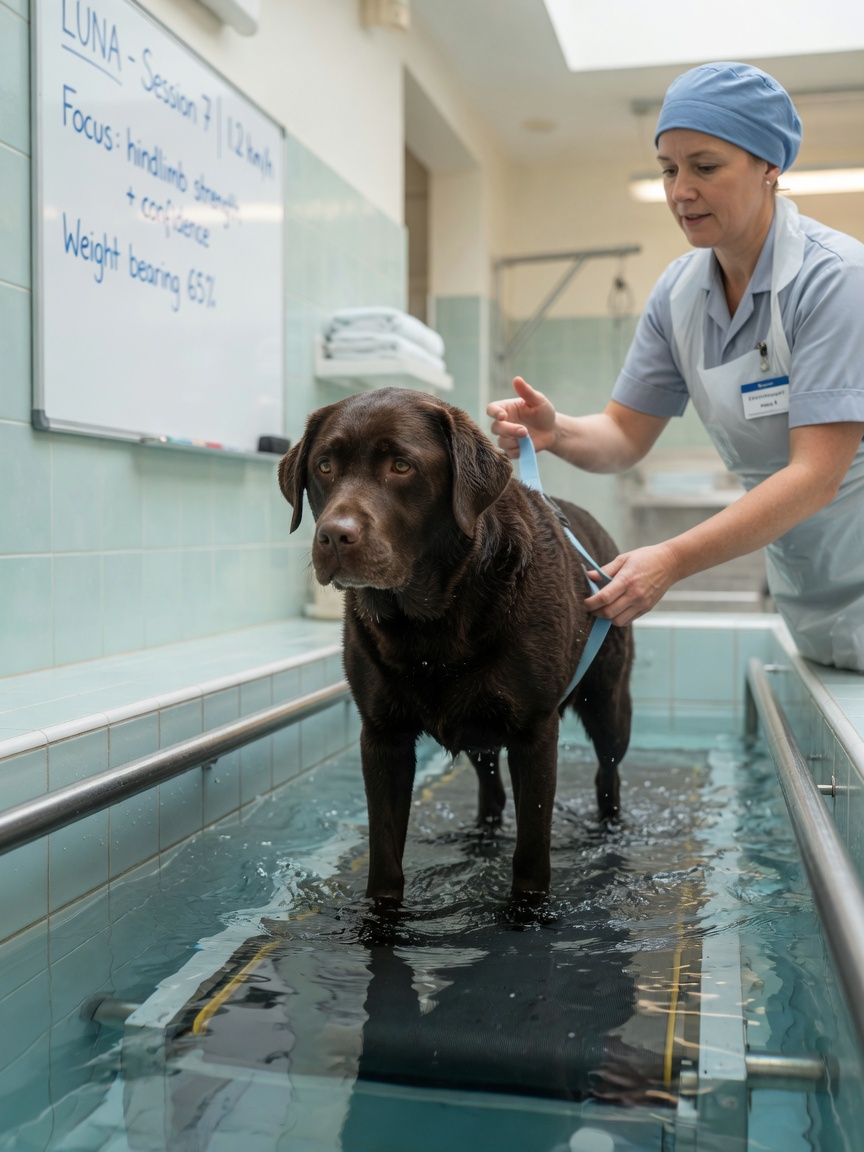 Chocolate Labrador Retriever undergoing hydrotherapy treatment for hip dysplasia management