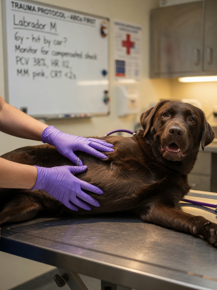 Veterinarian's hands carefully palpating the abdomen of a calm-appearing brown Labrador during emergency examination, illustrating hidden internal injuries.