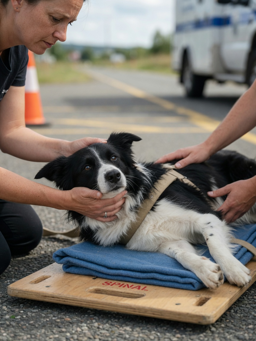 Two handlers demonstrating proper spinal stabilization technique on an injured Border Collie positioned on a rigid stretcher during emergency transport.