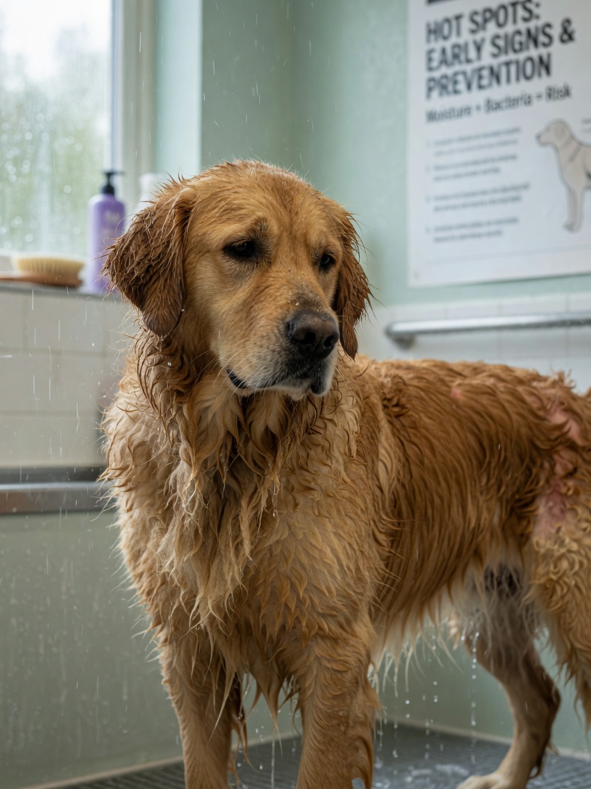 Golden Retriever with wet, matted double coat showing trapped moisture after bathing