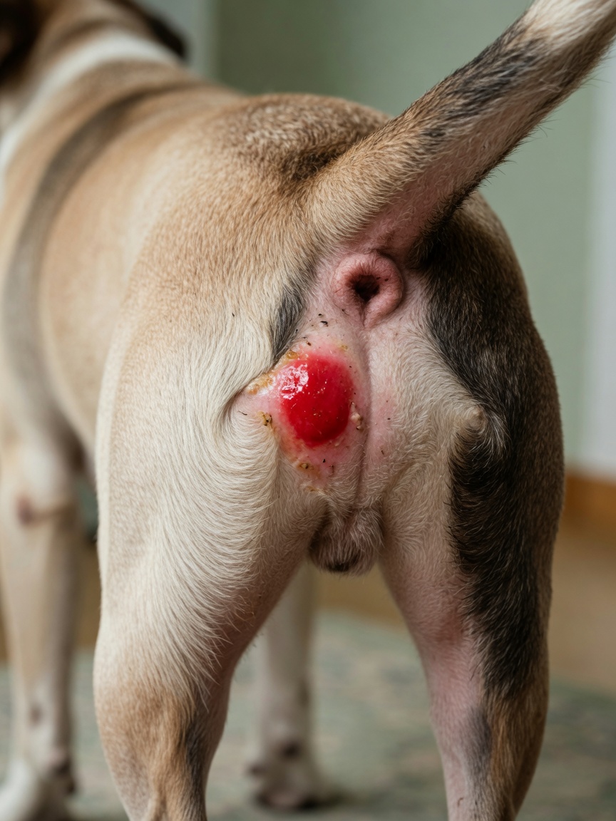 Hot spot at dog's tail base showing moist red patch with hair loss and clear demarcation from healthy skin