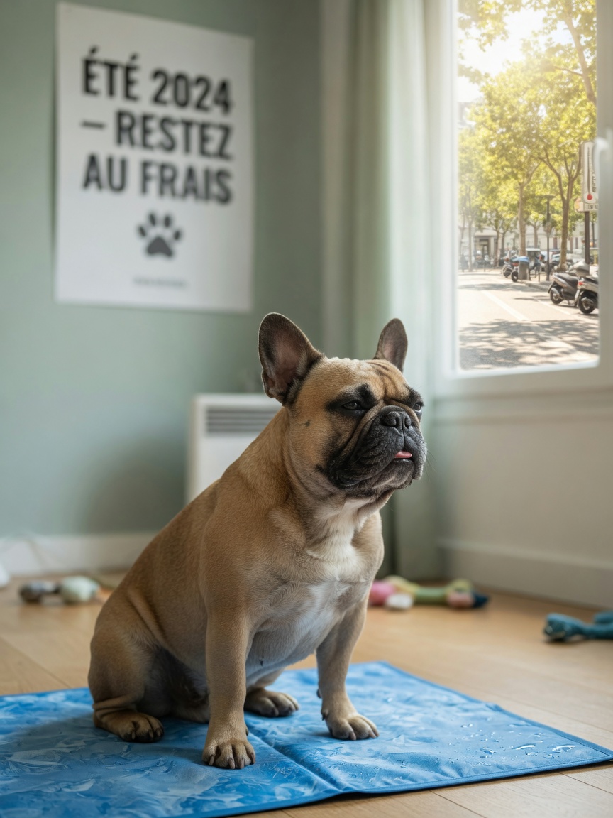 French Bulldog resting indoors on a cooling mat, safe from outdoor summer heat